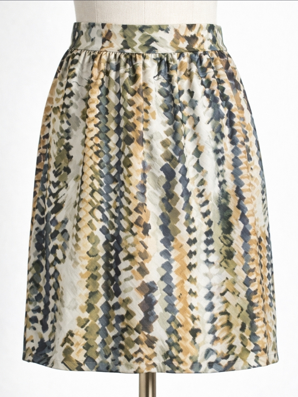 KENNETH COLE Silk Blend Abstract Brushstroke Skirt Size 2 Olive Mustard Grey
